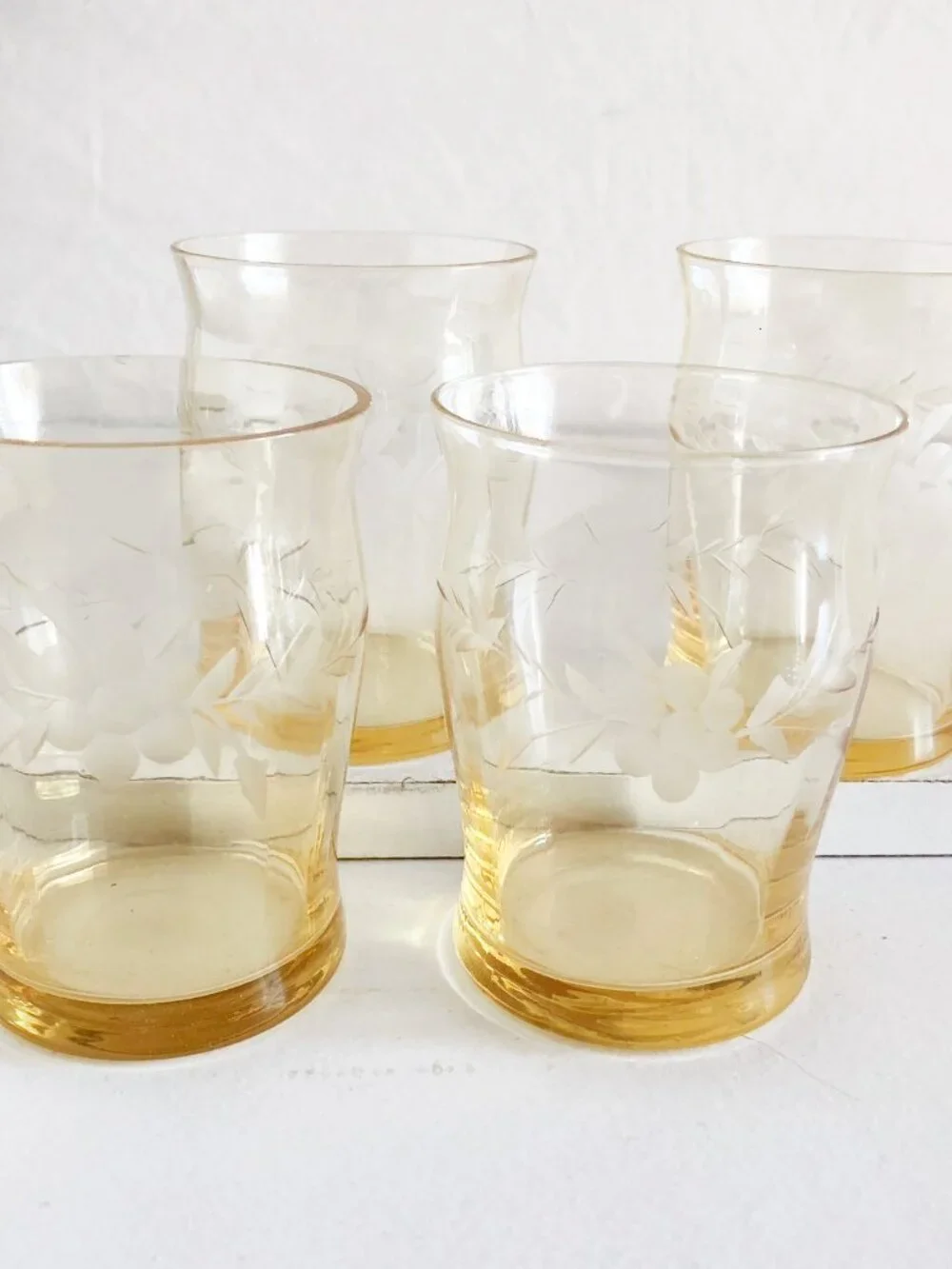 Antique Macbeth Evens Yellow Grapevine Etched Juice Glasses Set of 4